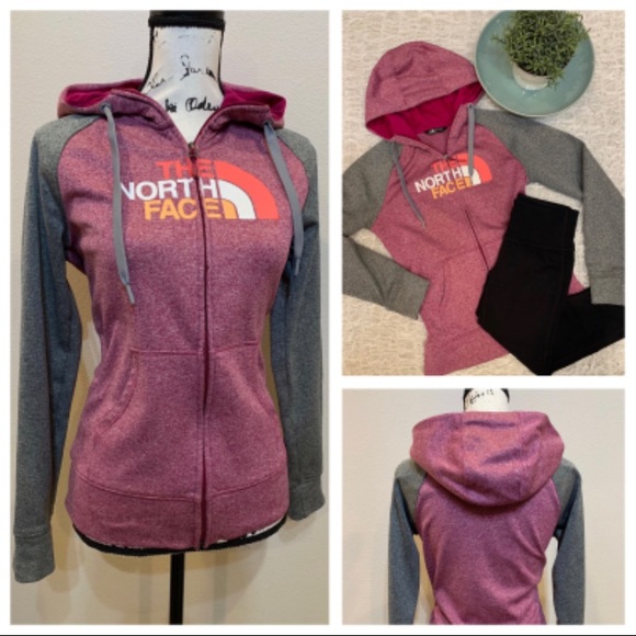 North Face Logo Hoodie Zip Jacket Sweatshirt Athletic Athleisure Top Gray Pink - Picture 1 of 8